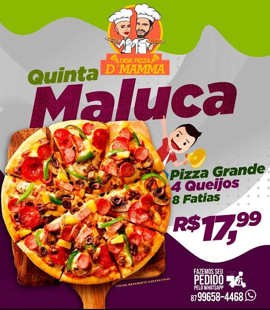 ‘Quinta Maluca’ no Disk Pizza D’Mamma de Petrolândia, tem pizza grande 4 queijos de 8 fatias por apenas R,99