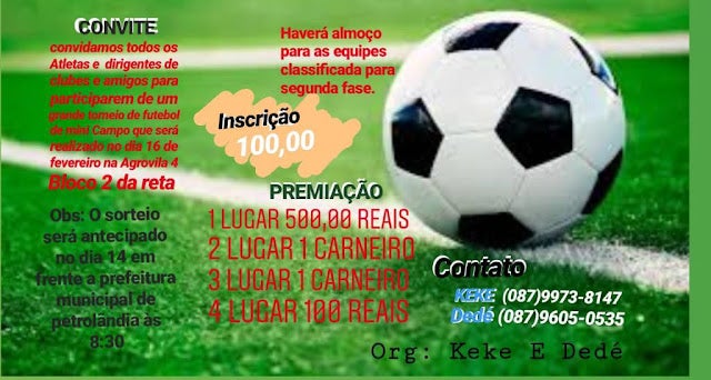 Petrolândia/Tacaratu: Inscrições abertas para Times participarem de Torneio de Futebol, a ser realizado na Agrovila 4 da Reta no dia 16 de fevereiro