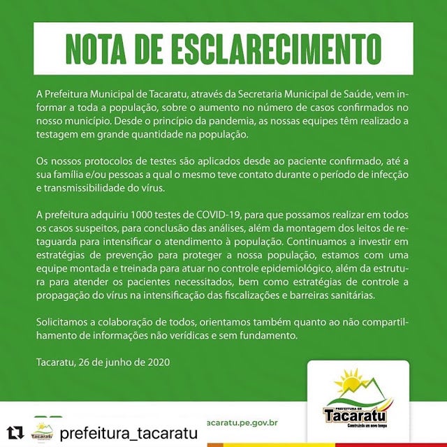 Prefeitura de Tacaratu se manifesta com Nota de Esclarecimento após município atingir a marca de 60 casos confirmados do COVID-19 Prefeitura de Tacaratu se manifesta com Nota de Esclarecimento após município atingir a marca de 60 casos confirmados do COVID-19