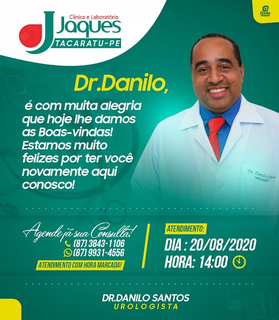 Ótima notícia: Dr. Danilo Santos, médico Urologista, retorna atendimento na Clínica e Laboratório JAQUES em Tacaratu (PE); agende já sua consulta!