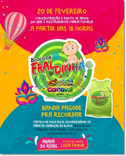 Carnaval de Petrolândia 2020: Abadá do Bloco da Fraldinha custa apenas R,00 (Trinta Reais); adquira já o seu! Carnaval de Petrolândia 2020: Abadá do Bloco da Fraldinha custa apenas R,00 (Trinta Reais); adquira já o seu!