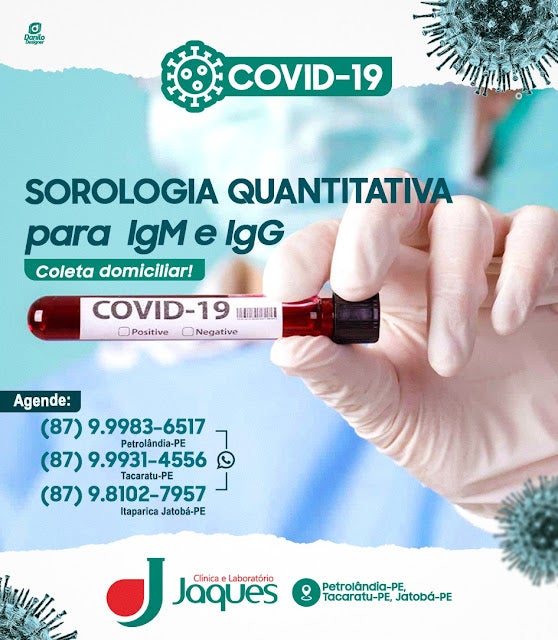 Petrolândia, Tacaratu e Jatobá: Agora no Laboratório JAQUES, mais uma possibilidade de TESTE para CORONAVÍRUS.