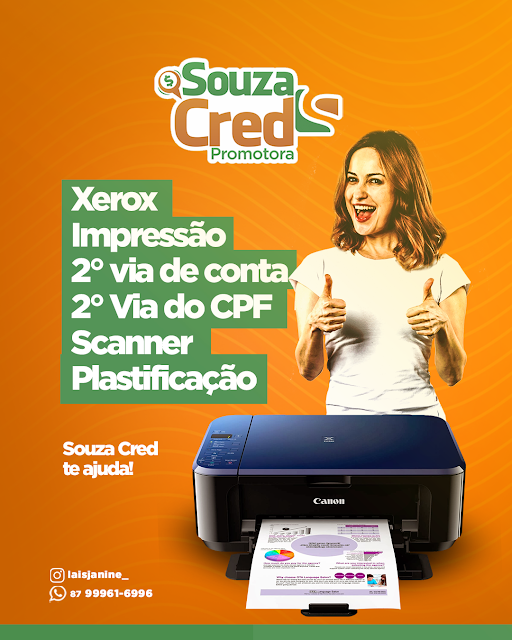 Souza Cred Promotora de Petrolândia, dispõe dos serviços de Xerox, Impressão, 2ª via de contas, 2ª do CPF, Serviço de Scanner e Plastificação