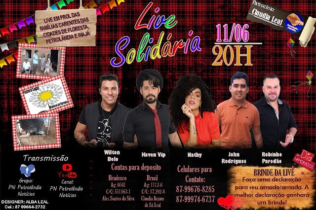 LIVE SOLIDÁRIA em prol de famílias carentes das cidades de Petrolândia, Floresta e Inajá, será realizada pelo Blog PN, no próximo dia 11, ás 20h; acompanhe a programação