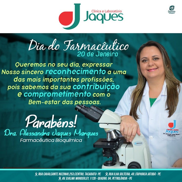 Petrolândia/Tacaratu e Jatobá: Clínica e Laboratório JAQUES parabeniza a Dra. Alessandra Jaques no Dia do Farmacêutico