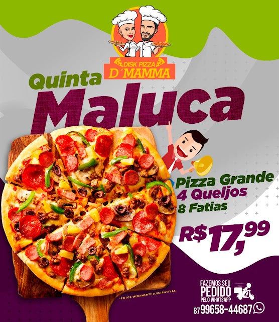 Quinta Maluca do Disk Pizza D’ Mamma de Petrolândia, tem pizza grande 4 Queijos com 8 fatias por apenas R,99 Quinta Maluca do Disk Pizza D’ Mamma de Petrolândia, tem pizza grande 4 Queijos com 8 fatias por apenas R,99