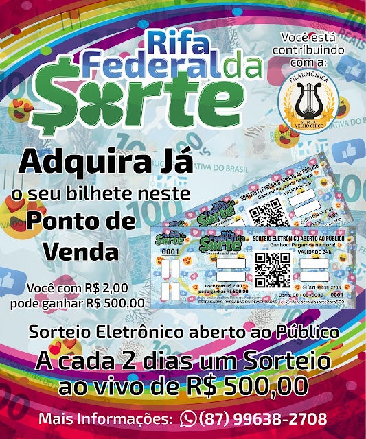 1º Sorteio da Rifa Federal da Sorte, acontecerá nessa terça-feira (24), a partir das 19h, em Petrolândia; adquira seu bilhete por apenas R,00 (dois reais)