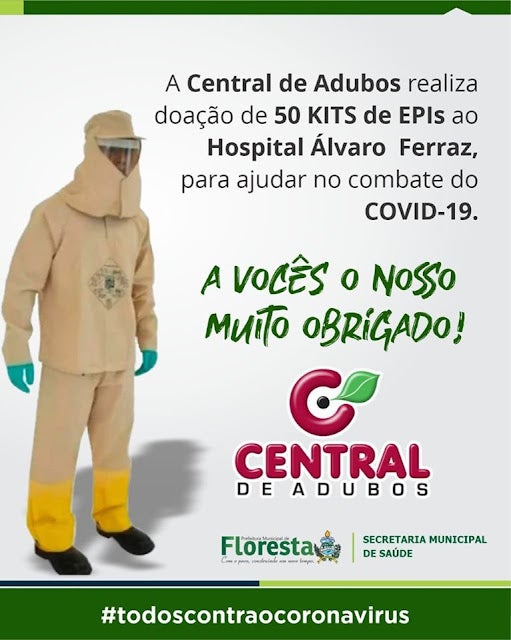 Prefeitura de Floresta agradece a Central de Adubos pela doação de 50 kits de EPI’s ao Hospital Álvaro Ferraz para ajudar no combate do COVID-19