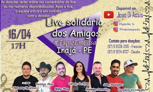 Live Solidária com Artistas Amigos de Inajá-PE; a partir das 17h, desta quinta-feira (16)