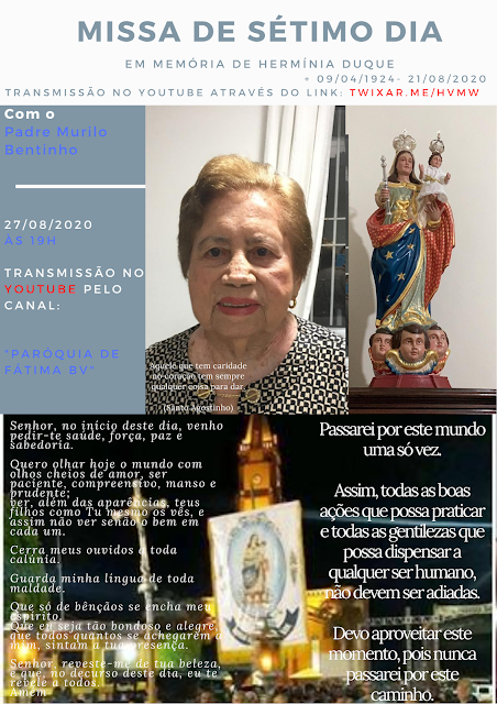 Tacaratu: Missa de Sétimo Dia em memória da Sra. Hermínia Duque será transmitida na internet nessa próxima quinta-feira (27), a partir das 19h
