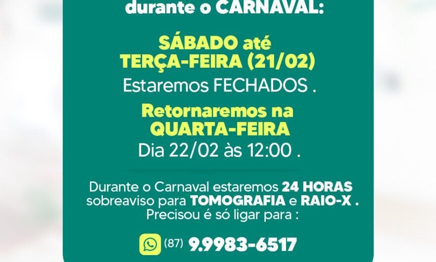 Comunicado: Clínica e Laboratório JAQUES de Petrolândia e Tacaratu, divulga horários de funcionamentos durante o período de Carnaval