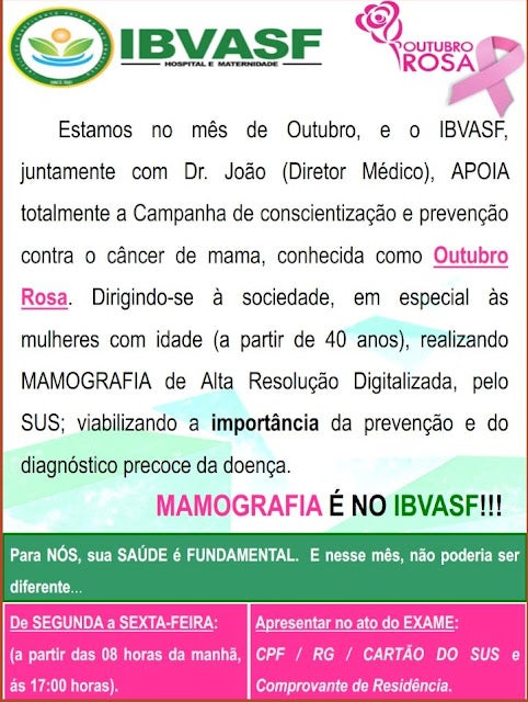 Petrolândia: Hospital e Maternidade IBVASF informa que está realizando neste Outubro Rosa, exames de Mamografia para mulheres a partir de 40 anos pelo SUS