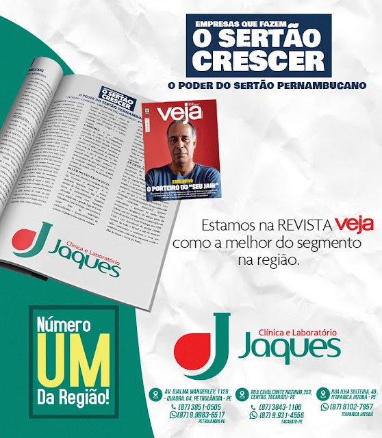 Petrolândia/Tacaratu e Jatobá: Clínica e Laboratório JAQUES, se destaca em edição do mês de novembro na revista VEJA como a melhor do segmento na região
