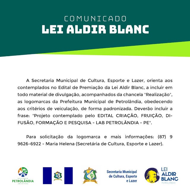 Secretaria Municipal de Cultura, Esporte e Lazer emite Comunicado a respeito de divulgação dos projetos da Lei Aldir Blanc