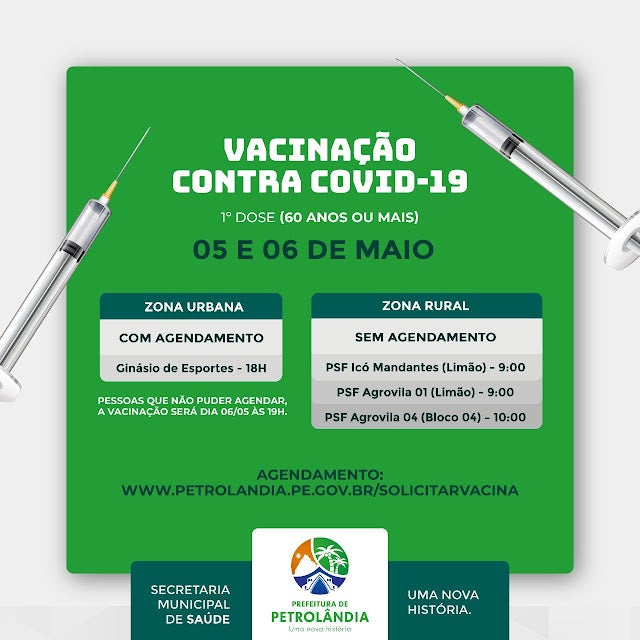 Prefeitura de Petrolândia anuncia ‘Vacinação contra COVID-19 em idosos de 60 anos ou mais, nos dias 5 e 6 de maio; agendamento disponível