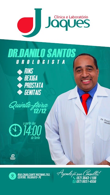 Dr. Danilo Santos, médico urologista, atende nesta quinta-feira (12.12), a partir das 14hrs na Clínica e Laboratório JAQUES de Tacaratu, PE