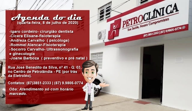 Agenda desta quarta-feira (8) da Petroclínica de Petrolândia; veja
