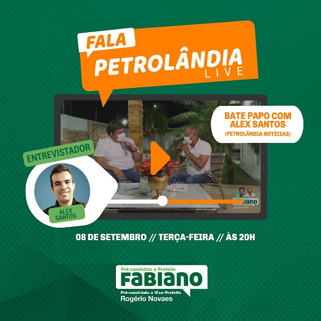 No Fala Petrolândia de hoje, Alex Santos do Blog PN, entrevistará em LIVE ‘Fabiano Marques e Rogério Novaes’ (Pré Candidatos a Prefeito e Vice), a partir das 20h