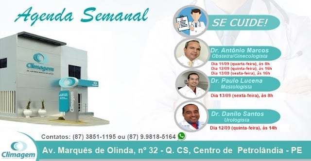 Cuide de sua saúde; acompanhe a Agenda Semanal da CLIMAGEM de Petrolândia-PE