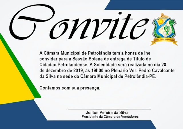 Convite: Câmara Municipal de Petrolândia realiza Sessão Solene para entrega de títulos de Cidadão Petrolandense