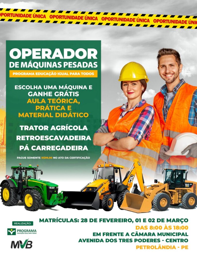 Oportunidade única: Faça seu curso de Operador de Máquinas Pesadas em Petrolândia; matrículas grátis somente até esta quinta (2)