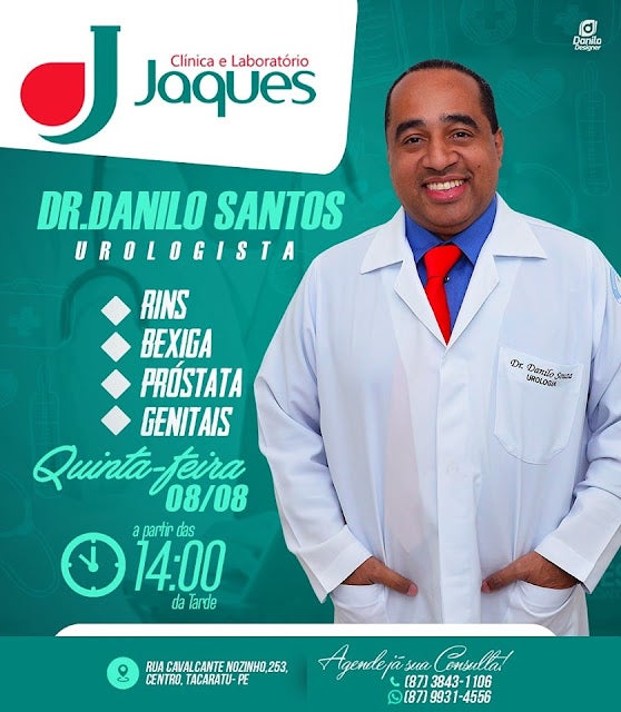 Dr. Danilo Santos, médico urologista, atende nesta quinta-feira (8/8), a partir das 14h na Clínica e Laboratório JAQUES de Tacaratu, PE