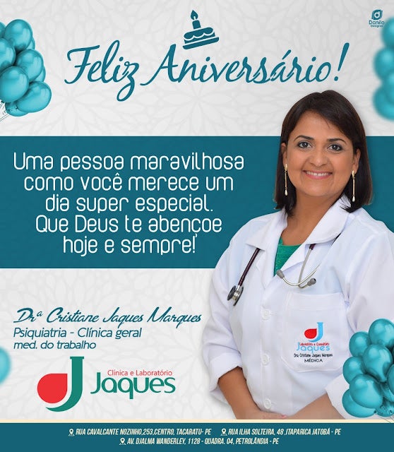 Petrolândia, Tacaratu e Jatobá: Clínica e Laboratório Jaques parabeniza Dra. Cristiane Marques pela passagem de seu aniversário