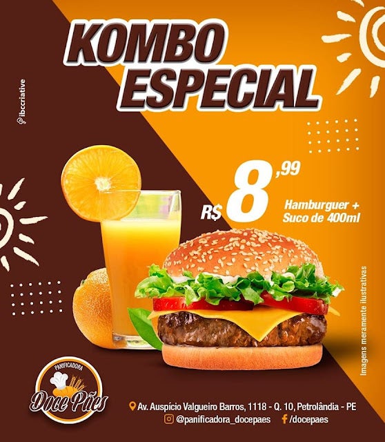 Kombo Especial de Hambúrguer + Suco de 400ml por R,99 na Panificadora Doce Pães de Petrolândia; venha conferir