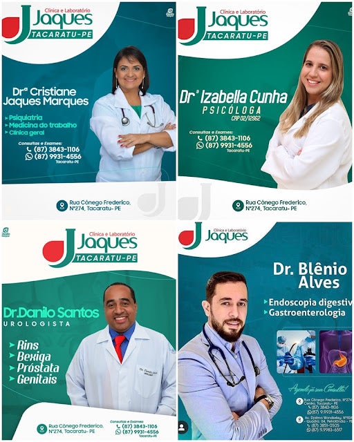 Agenda de atendimentos desta quinta (15) da Clínica e Laboratório JAQUES de Tacaratu; confira as especialidades disponíveis e agende já sua consulta!