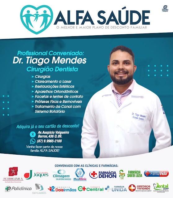 Petrolândia: Dr. Tiago Mendes (Cirurgião Dentista) é ALFA SAÚDE; adquira já o seu cartão de desconto!