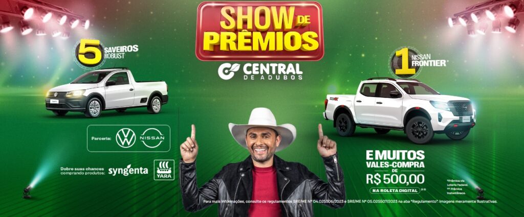 Central de Adubos lança Show de Prêmios de 2023 com sorteio de picapes Saveiro e Nissan Frontier, além de vales-compra através de números da sorte Central de Adubos lança Show de Prêmios de 2023 com sorteio de picapes Saveiro e Nissan Frontier, além de vales-compra através de números da sorte