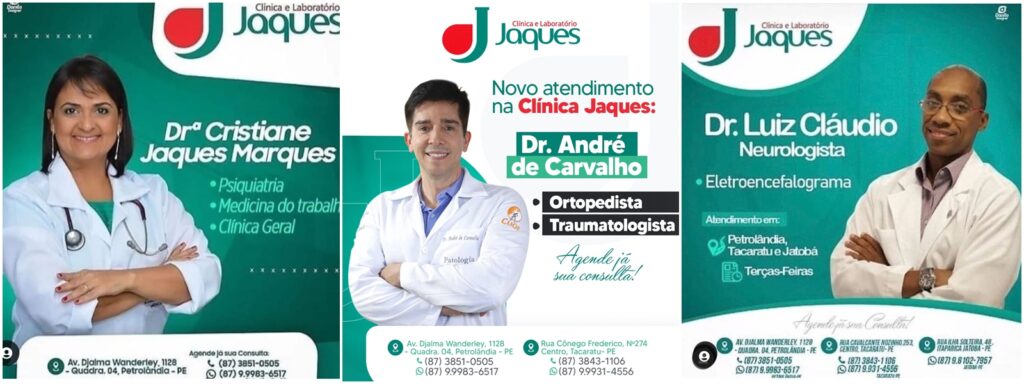 Clínica e Laboratório JAQUES informa atendimento com Dr. Luiz Cláudio (Neurologista), Drª Cristiane Jaques Marques (Psiquiatria, Medicina do Trabalho e Clínica Geral ) e Dr André de Carvalho (Ortopedista – Traumatologista); agende já sua consulta!