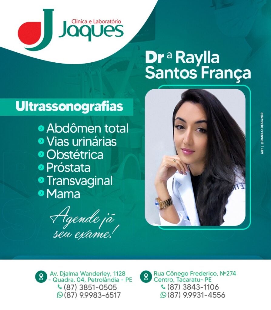 Ultrassom com Drª Rayla toda quarta de manhã na Clínica e Laboratório JAQUES de Petrolândia; agende já seu exame, atendimento nos dias 10, 17 e 24 de maio