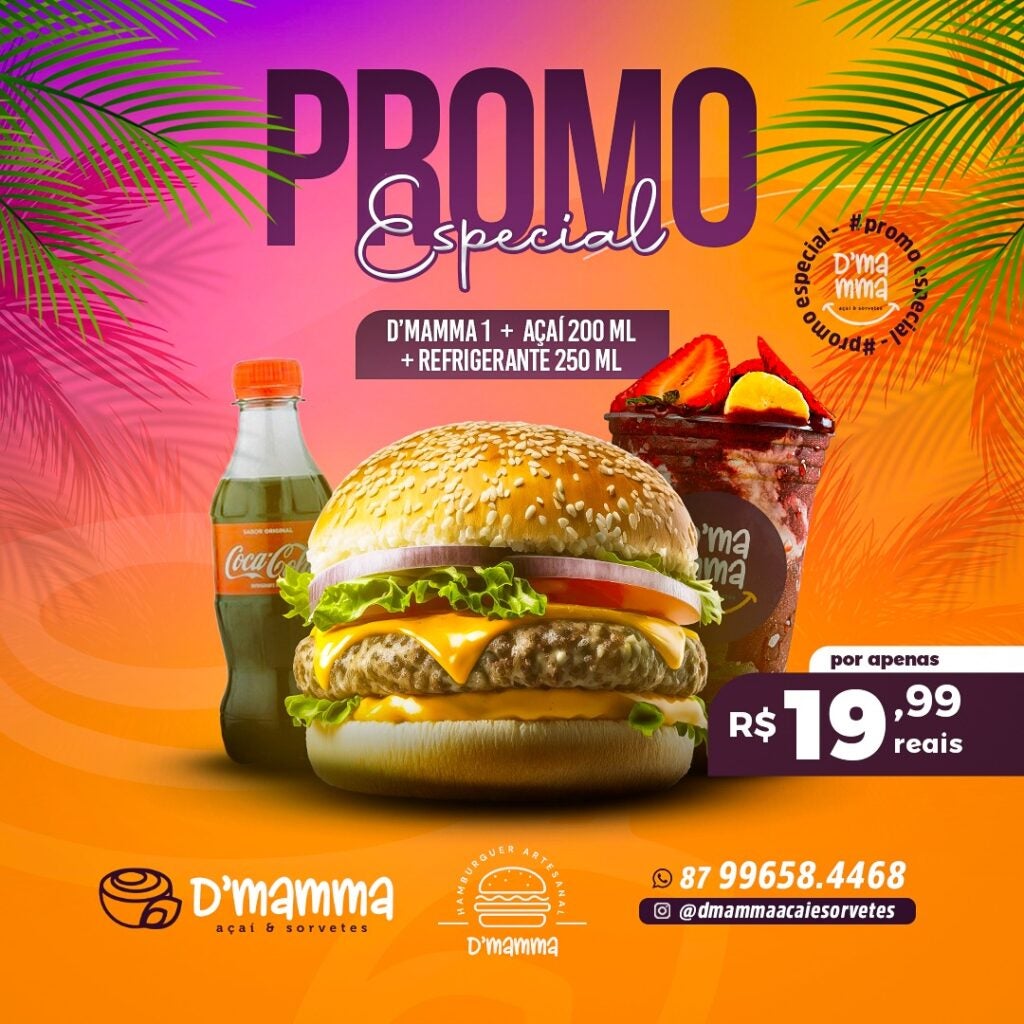 Promoção Especial na D’Mamma de Petrolândia: D’Mamma1 + Açai de 200ml + Refrigerante 250ml por apenas R,99; peça já o seu! Promoção Especial na D’Mamma de Petrolândia: D’Mamma1 + Açai de 200ml + Refrigerante 250ml por apenas R,99; peça já o seu!