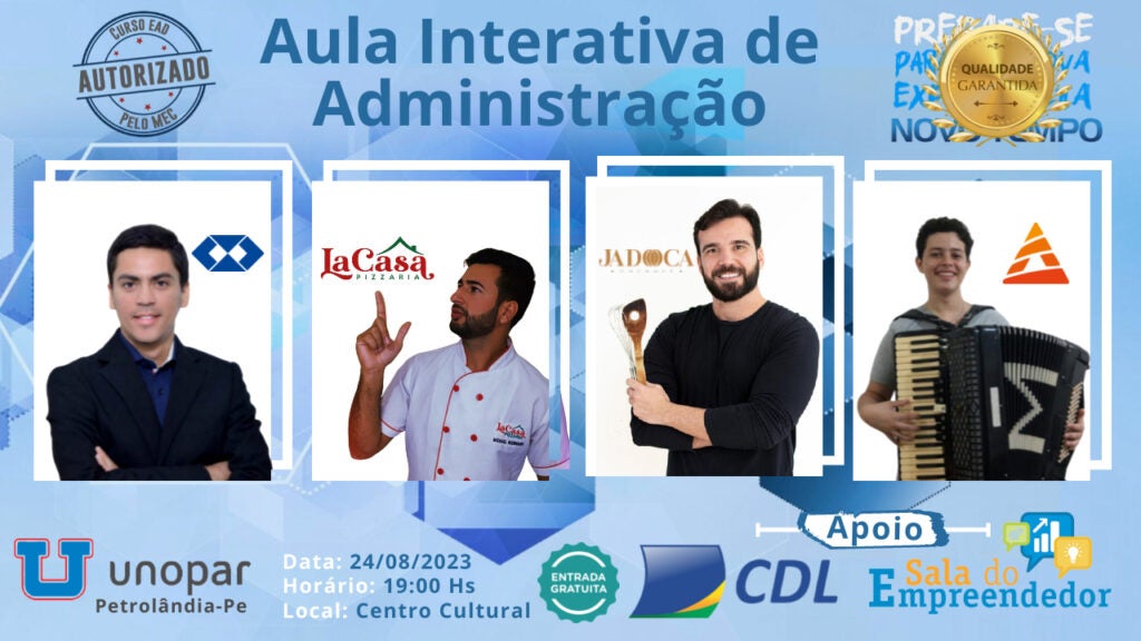 Petrolândia: Participe gratuitamente nesta quinta (24) do projeto da faculdade Unopar indo as palestras sobre carreira, gestão empreendedora, Finanças e gastronomia Petrolândia: Participe gratuitamente nesta quinta (24) do projeto da faculdade Unopar indo as palestras sobre carreira, gestão empreendedora, Finanças e gastronomia
