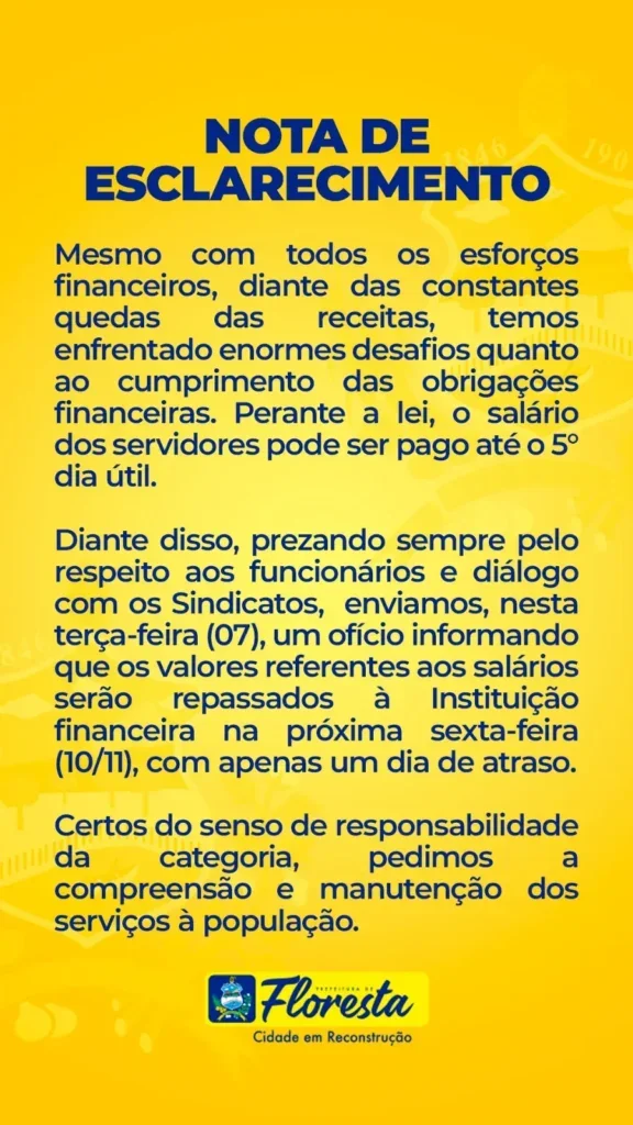 Prefeitura emite nota sobre pagamento dos professores em Floresta, PE