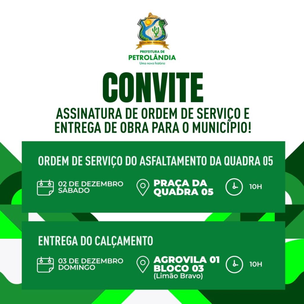 Convite: Prefeitura de Petrolândia convida população para assinatura da ordem de serviço do asfaltamento da quadra 05 e a entrega do calçamento da Agrovila 01 do Bloco 03 (Limão Bravo) Convite: Prefeitura de Petrolândia convida população para assinatura da ordem de serviço do asfaltamento da quadra 05 e a entrega do calçamento da Agrovila 01 do Bloco 03 (Limão Bravo)