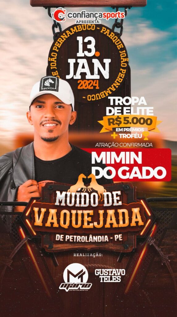 Muído de Vaquejada com Premiações de R$ 5 Mil, será promovido no dia 13 de janeiro de 2024 em Petrolândia-PE