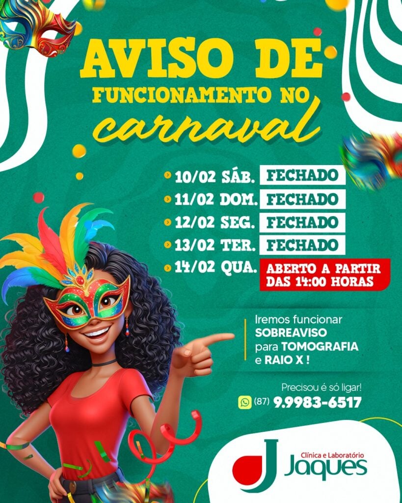 Petrolândia/Tacaratu: Clínica e Laboratório JAQUES divulga aviso de funcionamento no período de Carnaval