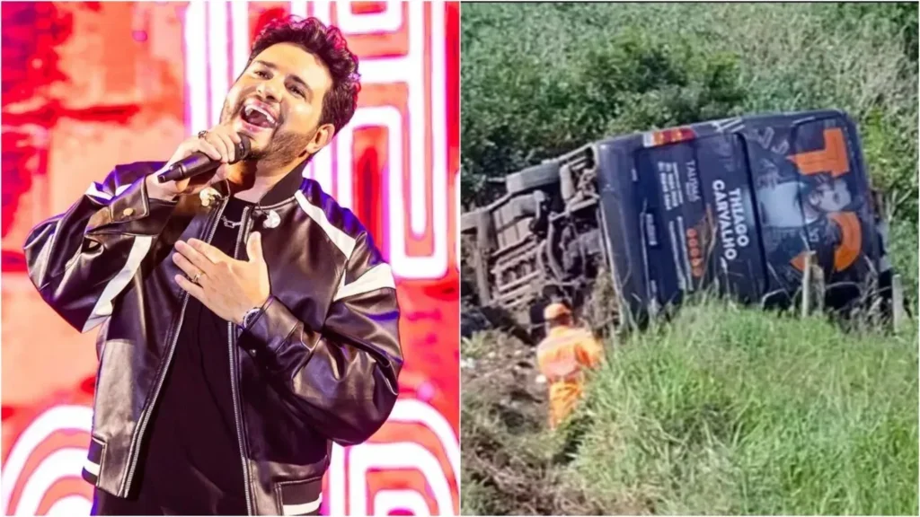 Ônibus de cantor sertanejo capota e seis integrantes ficam feridos Ônibus de cantor sertanejo capota e seis integrantes ficam feridos
