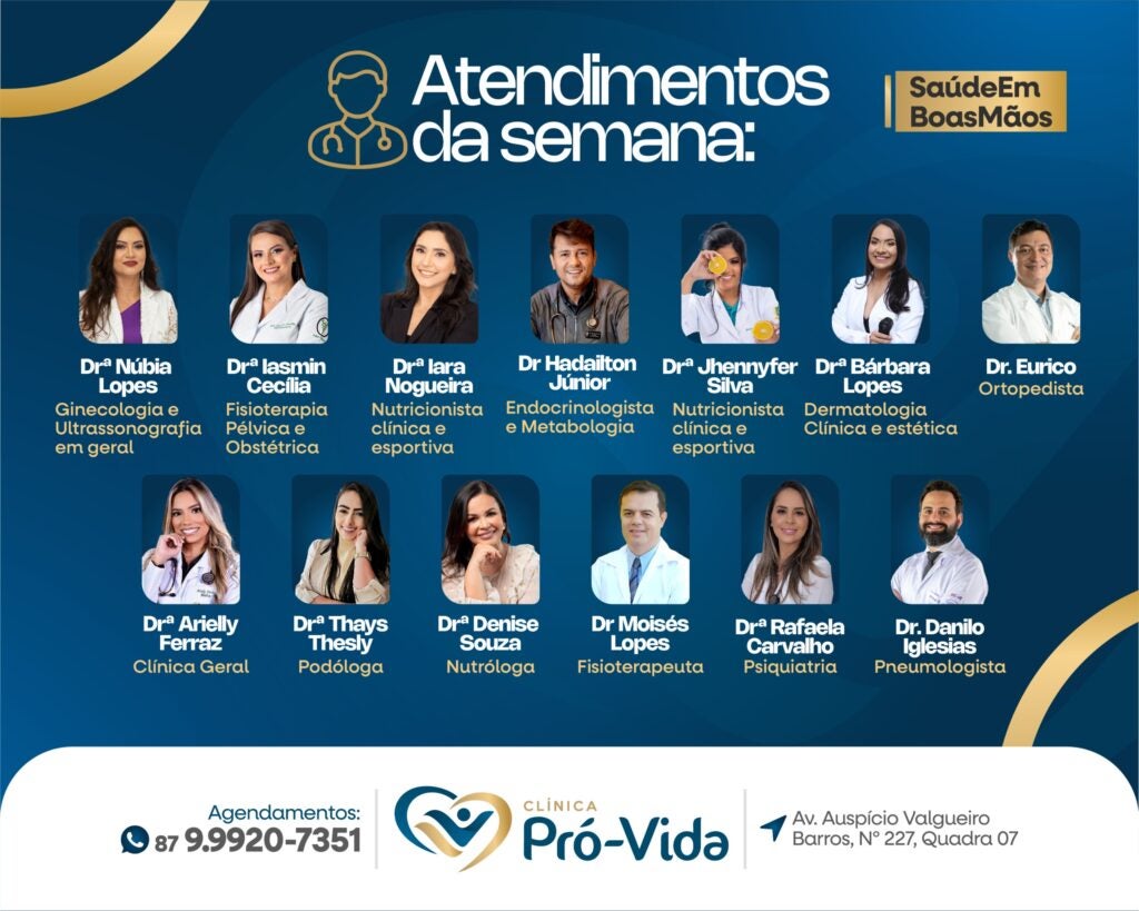 Clínica Pró-Vida de Petrolândia Divulga Atendimentos da Semana: Especialistas à Disposição para Cuidar da Sua Saúde! Clínica Pró-Vida de Petrolândia Divulga Atendimentos da Semana: Especialistas à Disposição para Cuidar da Sua Saúde!