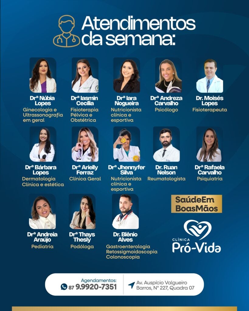 Atendimento da Semana na Clínica Pró-Vida de Petrolândia: Especialistas Prontos para Cuidar de Você! Atendimento da Semana na Clínica Pró-Vida de Petrolândia: Especialistas Prontos para Cuidar de Você!