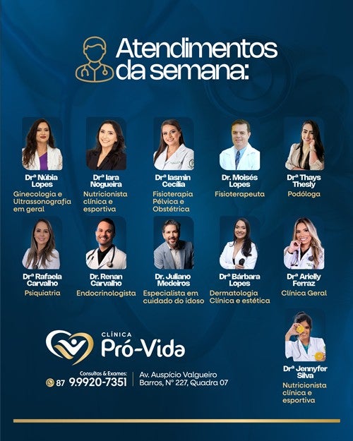 Clínica Pró-Vida de Petrolândia divulga agenda da semana com especialistas em diversas áreas da saúde Clínica Pró-Vida de Petrolândia divulga agenda da semana com especialistas em diversas áreas da saúde