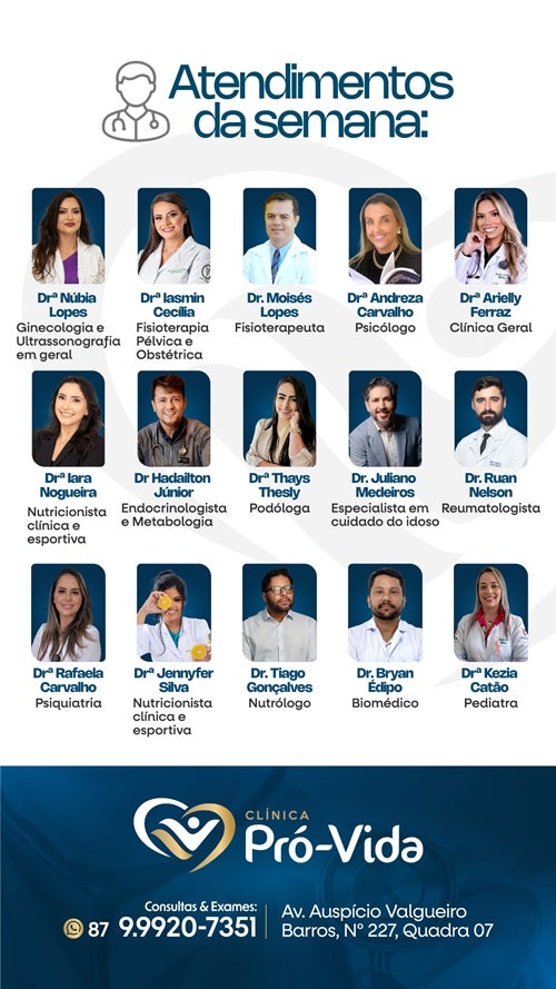 Clínica Pró-Vida divulga agenda da semana com diversos especialistas em Petrolândia-PE