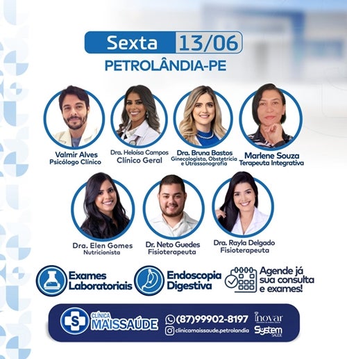 Confira os atendimentos desta sexta-feira (13) na Clínica Mais Saúde em Petrolândia