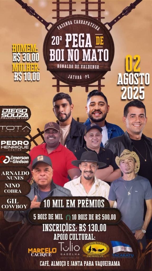 Tradicional Pega de Boi do Mato da Fazenda Carrapateira chega à sua 20ª edição em Jatobá-PE no dia 2 de agosto Tradicional Pega de Boi do Mato da Fazenda Carrapateira chega à sua 20ª edição em Jatobá-PE no dia 2 de agosto