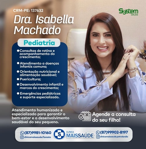 Dra. Isabella Machado atende nesta quinta (10) na Clínica Mais Saúde em Petrolândia-PE Dra. Isabella Machado atende nesta quinta (10) na Clínica Mais Saúde em Petrolândia-PE