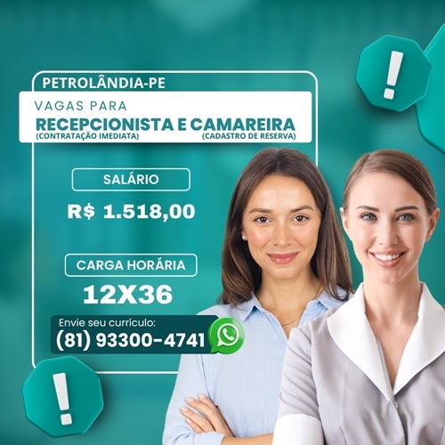 Oportunidade de emprego em Petrolândia-PE: Vaga para recepcionista com contratação imediata e cadastro de reserva para camareira Oportunidade de emprego em Petrolândia-PE: Vaga para recepcionista com contratação imediata e cadastro de reserva para camareira