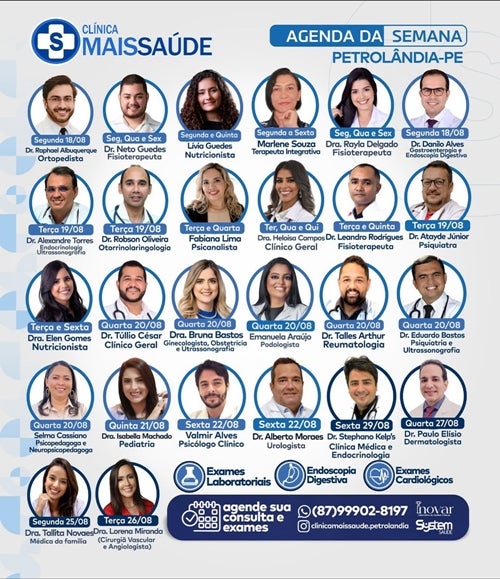 Clínica Mais Saúde divulga agenda de atendimentos e exames desta semana em Petrolândia