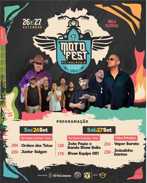 Prefeitura de Petrolândia divulga programação oficial do 1º MotoFest e Encontro de Carros Antigos na Orla Fluvial